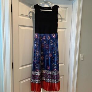 Elie Tahari Black and Blue Mixed Media Floral Pleat Dress